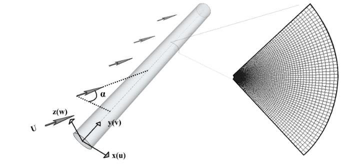Inclined cylinder schematic with O-grid mesh