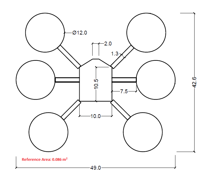Plan-view engineering drawing of the hexacopter drone model, 49 x 42.6 cm, reference area 0.086 m2